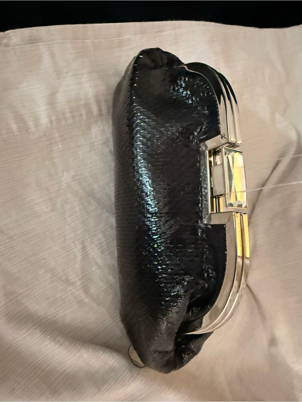 Black Patent Wristlet Clutch with Silver-Tone Frame
